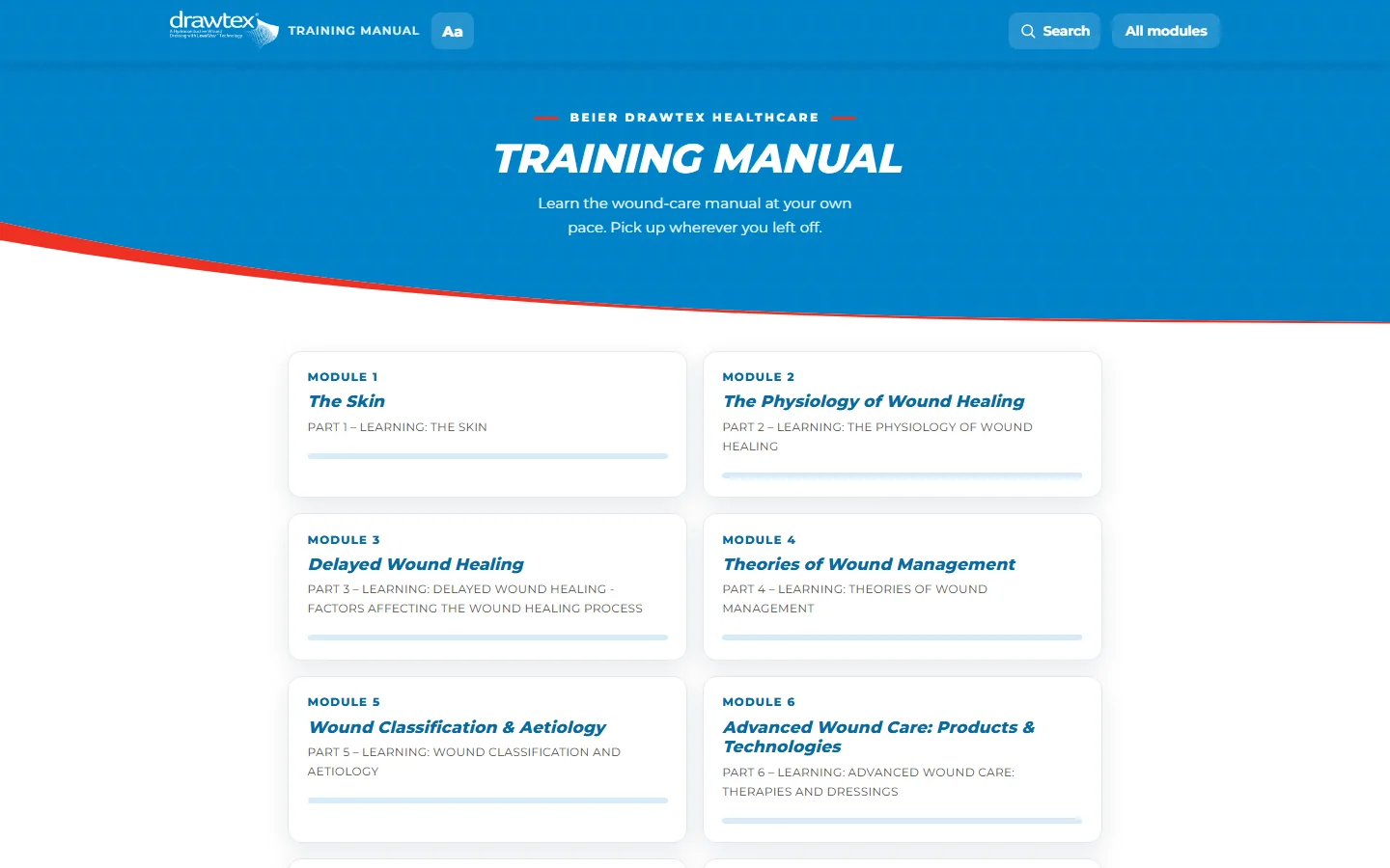 Drawtex training web-app home screen, showing the module library
