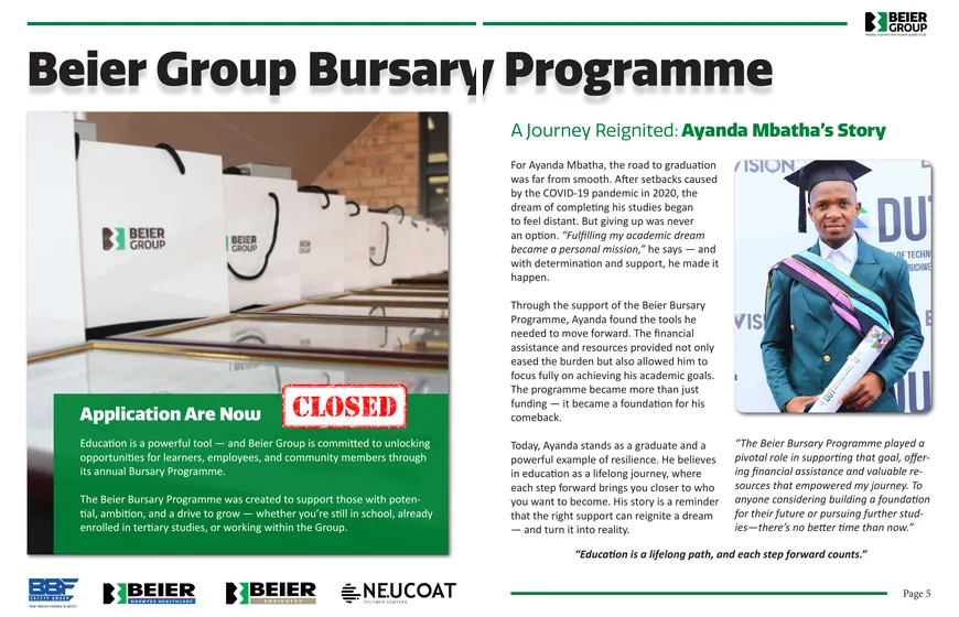 Newsletter spread: Beier Group bursary programme