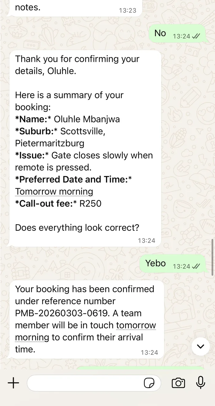 WhatsApp conversation where the chatbot summarises a booking and confirms it with a reference number