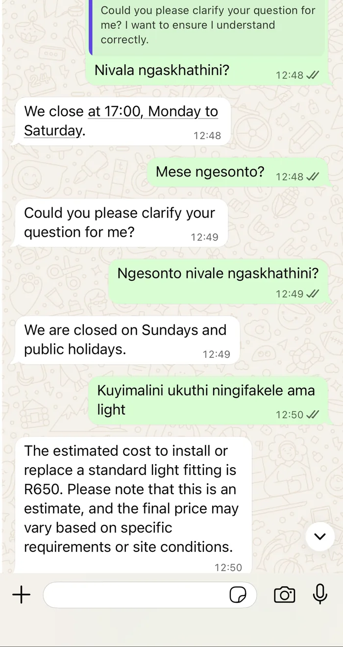 WhatsApp conversation where a customer asks questions in IsiZulu and the chatbot answers in English