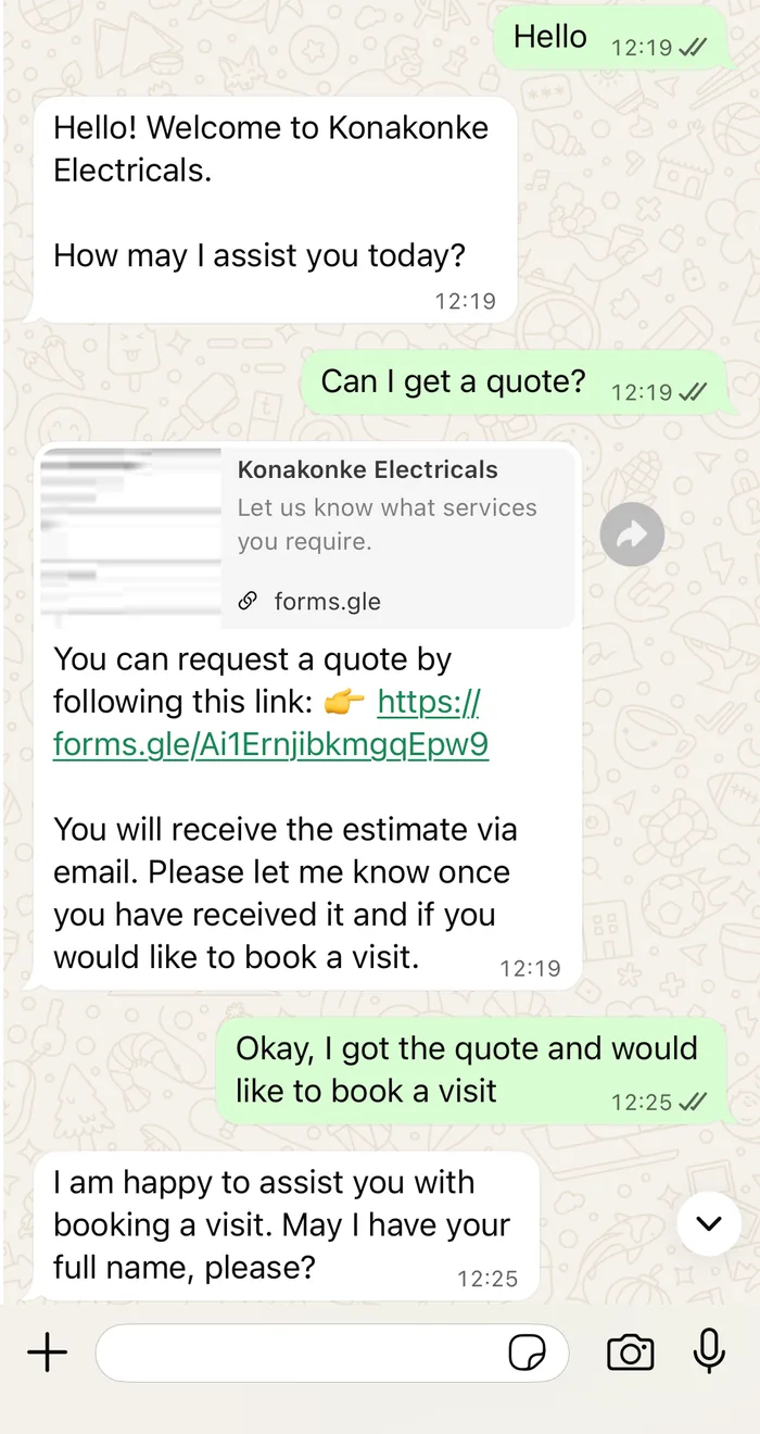 WhatsApp conversation where the chatbot greets a customer and sends a quote request link